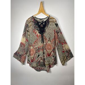 Southwest Feather Floral Top Size Large Mechant Sheer Lightweight Tie